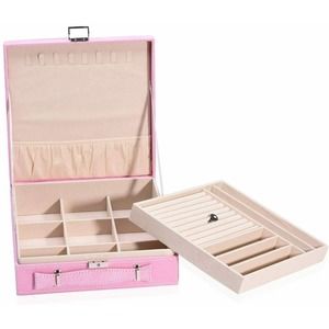 Jewelry Organizer Box for Women Faux Velvet Tarnish 2 Layer Pink Storage Case